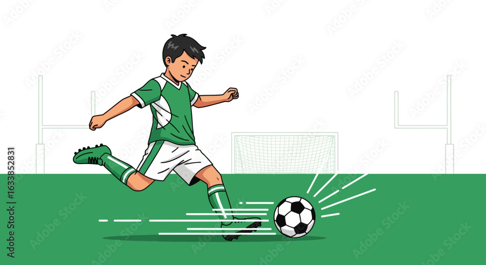 Fototapeta premium Boy Kicking Soccer Ball on the Field With Football Goal Drawing Illustration