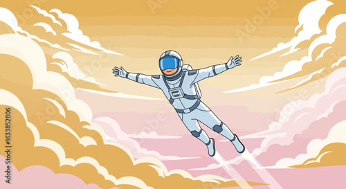 Cartoon Astronaut Soaring Through Clouds Symbolizing Freedom And Exploration