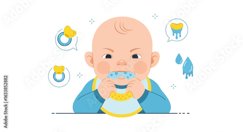 Cartoon Baby Teething Using a Toy With Teething Symptoms and Toys Around