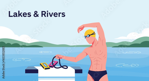 Athlete Preparing For Open Water Swim On Lake Or River Scenic Backdrop