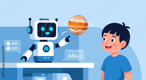 Boy Learning About Space From Friendly Robot Tutor Cartoon Illustration
