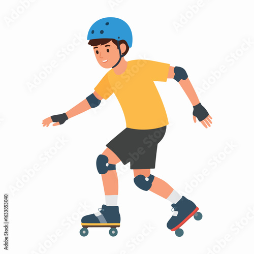 Young person wearing safety gear enjoying roller skating, moving forward.