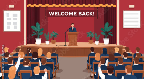 Audience Welcomed Back To A Red Stage Auditorium With Speaker