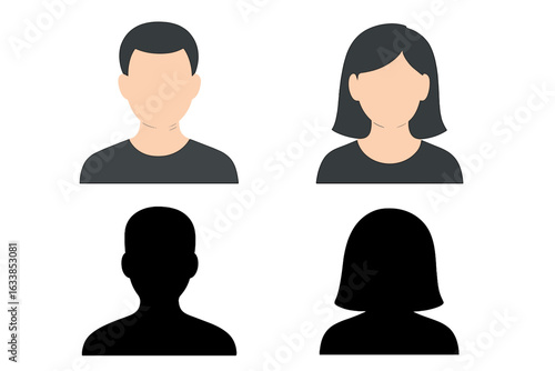 Vector avatar icon set with male and female profile signs, diverse face silhouette styles, blank and black portrait icons, user symbols, people avatars, transparent PNG vector illustration