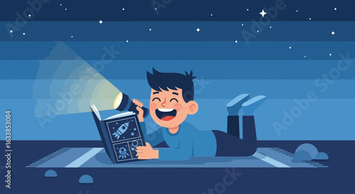 Cartoon Boy Reading Space Adventure Comic Book By Flashlight At Night
