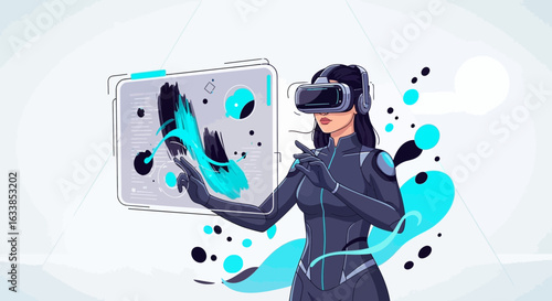 Augmented Reality Interface Woman Manipulating Virtual Data In Metaverse World