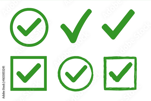 Green check mark icon set, hand drawn approve symbol, tick mark collection, vector illustration. Verification, checklist, completed, accepted, ok, positive symbol. Square and circle frame, isolated