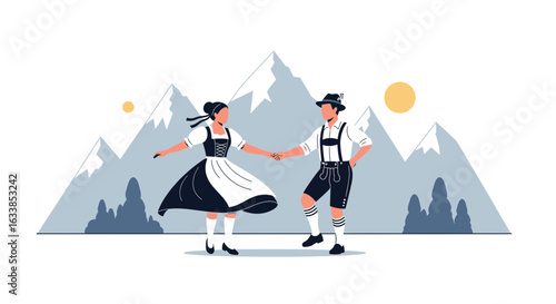 Authentic Alpine Celebration A Couple Dancing Traditional Clothes Against Mountain Backdrop