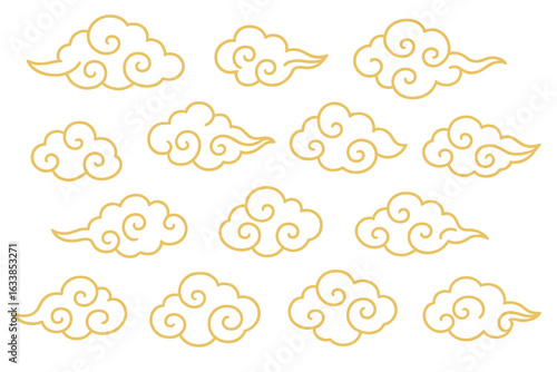 Chinese traditional cloud pattern vector illustration. Seamless golden Asian ornament. Oriental swirling decorative clouds for New Year, festival, banner, background. Elegant vintage design art