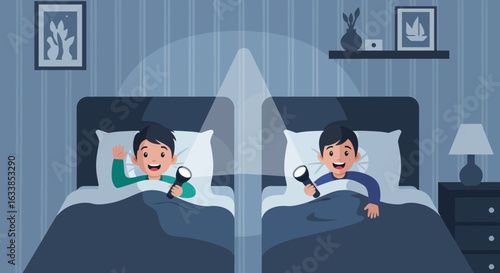 Cartoon Boys Chatting Late At Night Using Flashlights in their Bedrooms