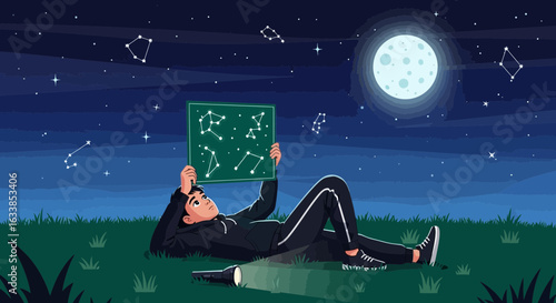 Boy Lying On Grass At Night Looking At The Constellations And The Moon