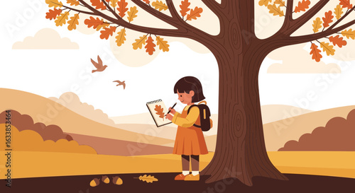 Autumnal Artistry Little Girl Sketching Nature Under Shady Tree Illustration
