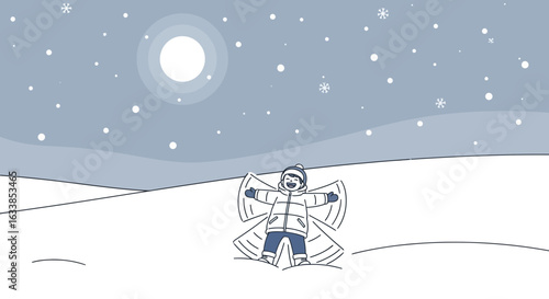 Boy Making A Snow Angel Under Snowy Sky With Full Moon In Winter Holiday