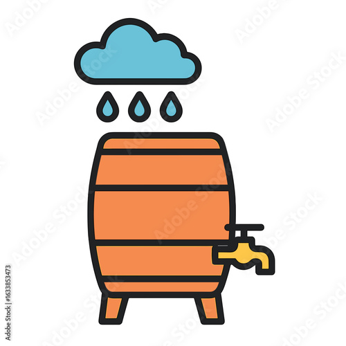 Rainwater harvesting barrel with taps and clouds above Rainwater Collection Barrel