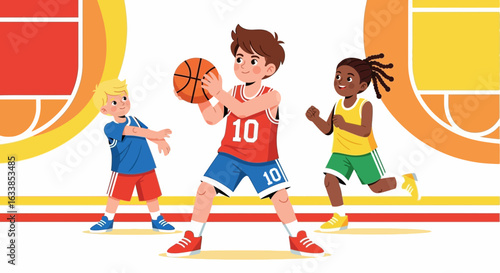 Cartoon Children Are Practicing Basketball Skills On Colorful Basketball Court