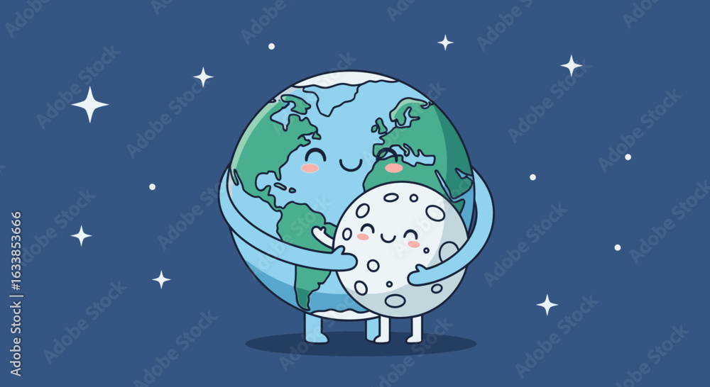 Naklejka premium Cartoon Earth Hugging Moon In Space With Stars Illustration Vector