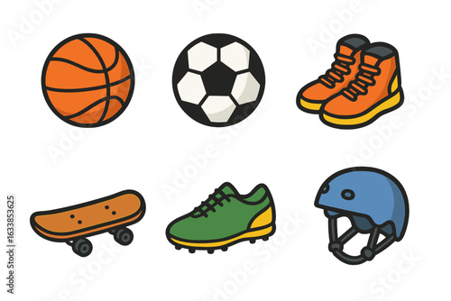 Colorful vector set of sports equipment icons including basketball, soccer ball, skateboard, sports shoes, cleats, and helmet. Cartoon illustration for fitness, activity, hobby, recreation, outdoors.