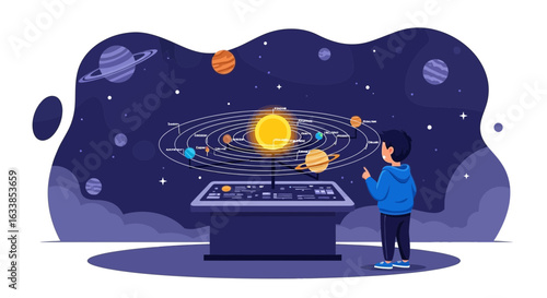 Boy Observes Interactive Solar System Model At A Science Exhibition Cartoon