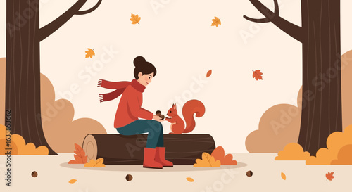 Autumnal Serenity Woman And Squirrel Sharing Peaceful Moment In The Woods