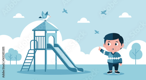 Boy Observing Birds in a Playground on a Calm Day with Slides