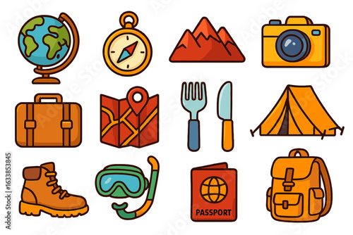 Colorful travel icons set featuring exploration, gourmet food, adventure gear, and outdoor activities in vibrant cartoon style, vector illustration on transparent background