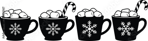 Four festive hot chocolate mugs with marshmallows and candy canes silhouette