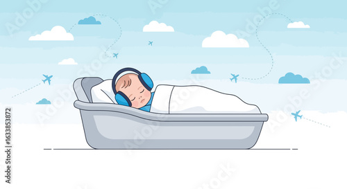 Baby Comfortable Sleep With Airplane On The Air Cartoon Background