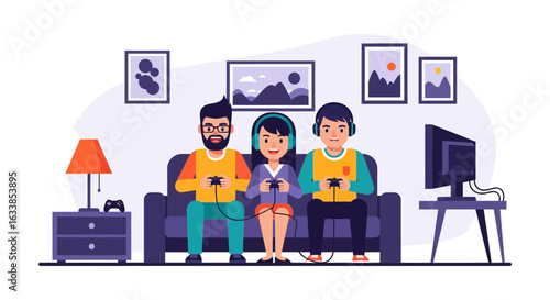 Cartoon Friends Enjoying Video Games Together At Home On The Sofa