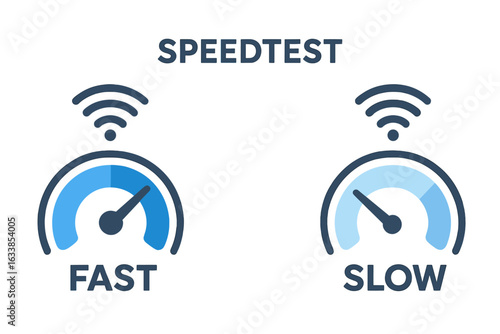 Fast and Slow Internet Speed Test Vector Illustration. WiFi Meter Gauge Dial Indicator Comparison for Broadband, Mobile, Wireless Network Performance, Data Bandwidth, Download Upload Signal Strength