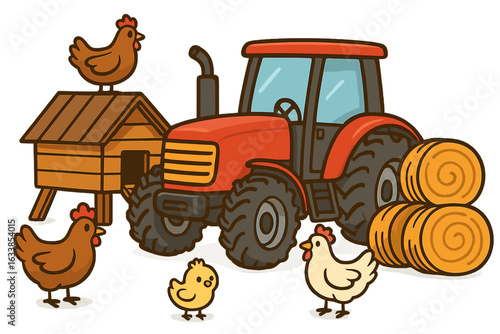 Rural Farm Scene with Chickens, Tractor, Hay Bales, Chicken Coop, Countryside Agriculture, Farming Equipment and Domestic Animals, Daytime Cartoon Vector Illustration, Transparent Background