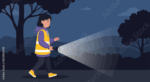 Cartoon Girl Scouts Exploring Nature with Flashlight At Night Scene