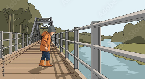 Boy On Wooden Bridge Looking Down Towards Water On Overcast Day