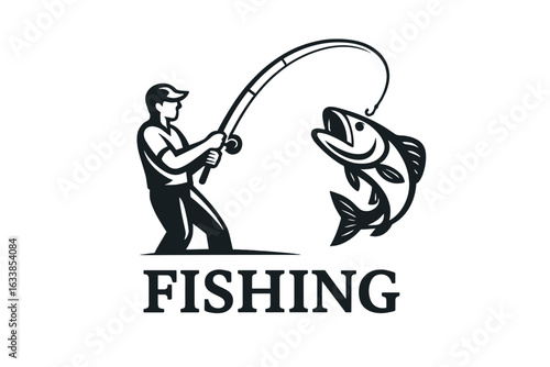 Retro fisherman catching big fish with fishing rod. Vintage angler illustration. Fishing logo design. Fisherman silhouette. Outdoor adventure sport. Recreational fishing club emblem.
