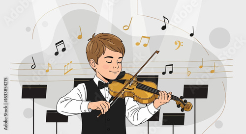 Boy Performing Classical Music With Violin Surrounded By Floating Musical Notes
