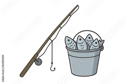 Fishing rod with reel and baited hook next to metal bucket full of freshly caught fish isolated on transparent background. Angling concept. Outdoor recreation. Fishing equipment illustration.