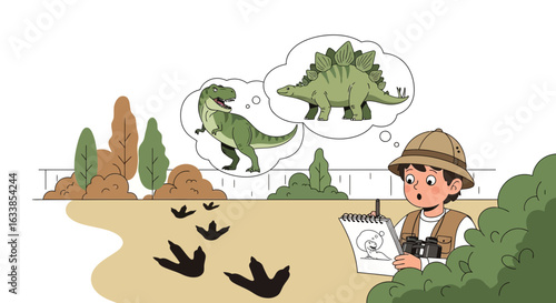 Boy Paleontologist Dreams About Dinosaurs While Drawing In His Notebook