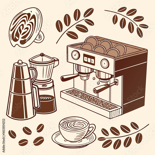 A coffee culture vector bundle espresso machines latte art, mugs, beans, grinders to-go cups and cozy café interiors. Warm tones with a modern hipster vibe.