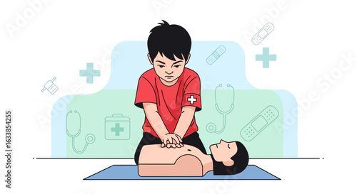 Boy Performing Cpr on Dummy In a Training Cartoon Illustration