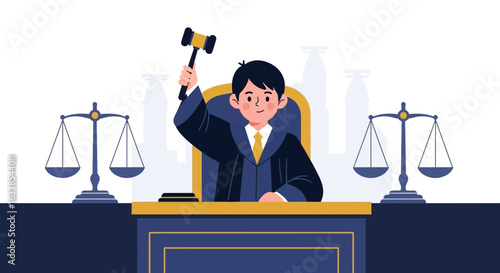 Cartoon Judge Striking Gavel In Courtroom Symbolizing Justice And Fairness