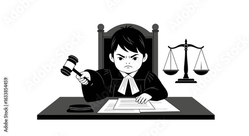 Cartoon Judge With Gavel Delivering Verdict On Justice Court Illustration