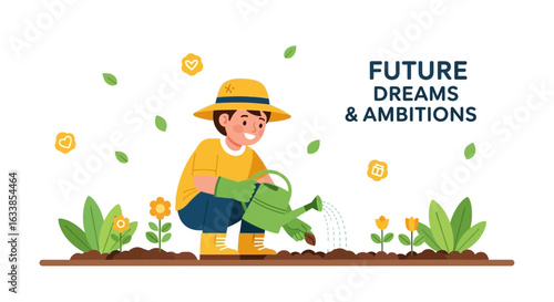 Boy Planting Flowers In The Garden Caring For Future Dreams And Ambitions