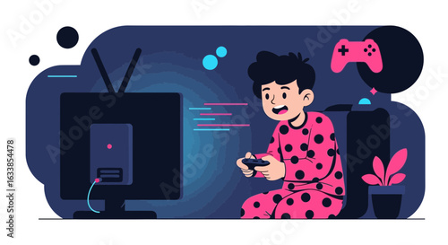 Cartoon Man Enjoys Video Gaming on Television in Dark Room at Home