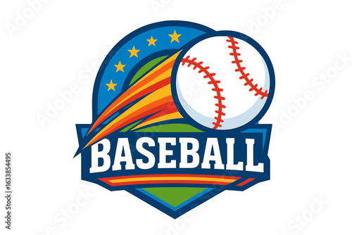 Dynamic baseball emblem vector illustration with flying baseball, colorful swoosh, stars, badge shape, text “BASEBALL”, sports team logo concept, vibrant athletic branding design