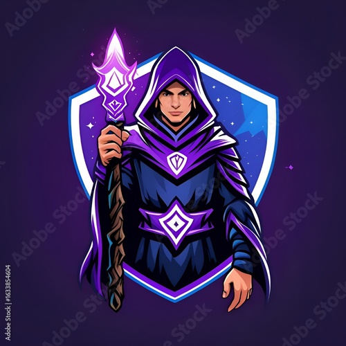 Gaming wizard mascot logo with glowing staff, dark cloak and mystical aura, purple and blue tones, transparent PNG esport logo
