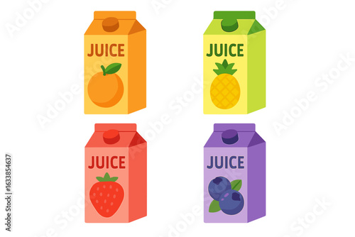 Colorful fruit juice carton set vector illustration isolated on white. Orange, pineapple, strawberry, blueberry juice packaging design. Fresh beverage product mockup. Healthy drink concept.