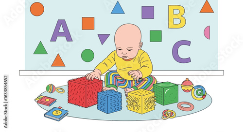 Baby Playing With Colorful Blocks Surrounded By Geometric Shapes On A Light Blue Background