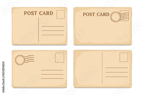 Seamless Vintage Postcard Back Vector Set. Blank Retro Postal Card Templates. Old Paper Texture, Postmark, Stamp Box. Empty Vertical and Horizontal Mail Design Isolated On White Background