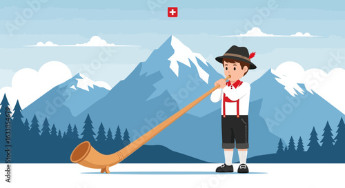 Boy Playing Alphorn Traditional Swiss Mountains Scene Cartoon Illustration