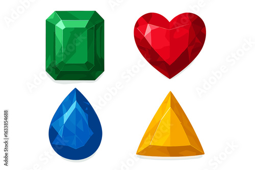 Colorful Gemstone Set Vector Illustration. Emerald Cut, Heart Shape, Pear and Triangle Bright Faceted Gems. Red, Green, Blue, Yellow Jewels Collection. Precious Stones Isolated Clipart