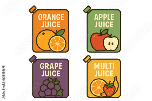 Colorful fruit juice packet vector set. Orange juice, apple juice, grape juice, multi-fruit mixed juice pouches with modern labels, cartoon fruits. Healthy drink packaging illustration. Isolated